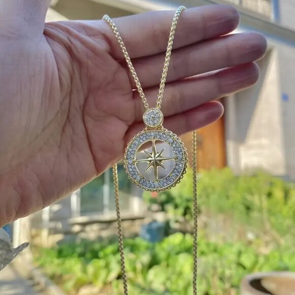 Gold Tone Compass Necklace with Rhinestones #1459 - Picture 9 of 16